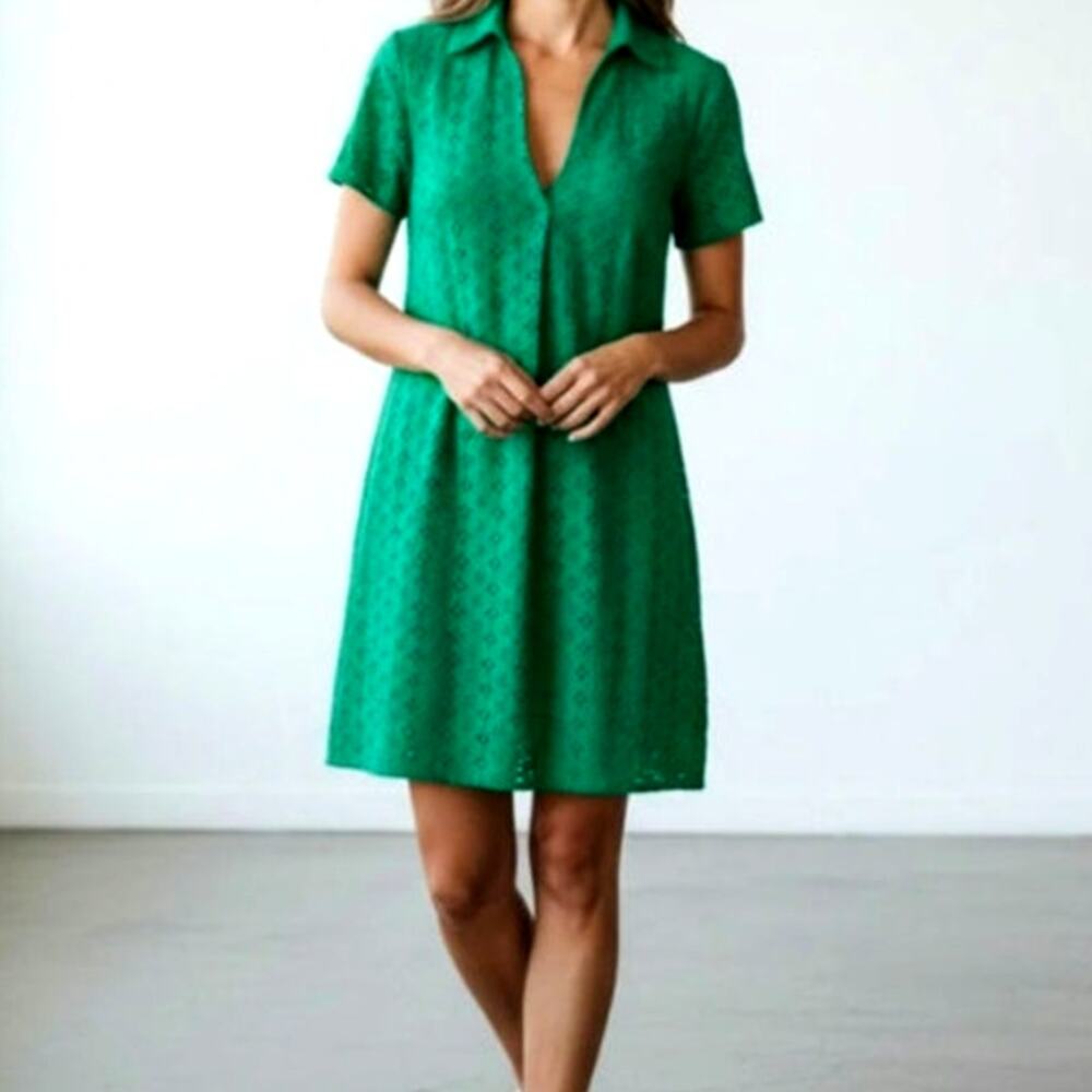 Preston & York Green Short Sleeve Eyelet V-Neck Shift Shirt Dress Sz 8